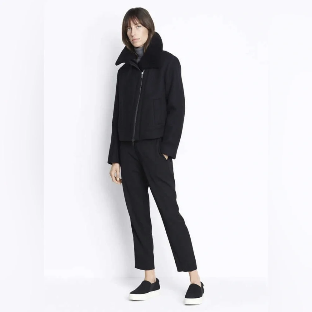 NWT $750 Vince Shearling Trimmed Fur Lined Wool Blend Moto Jacket in Black